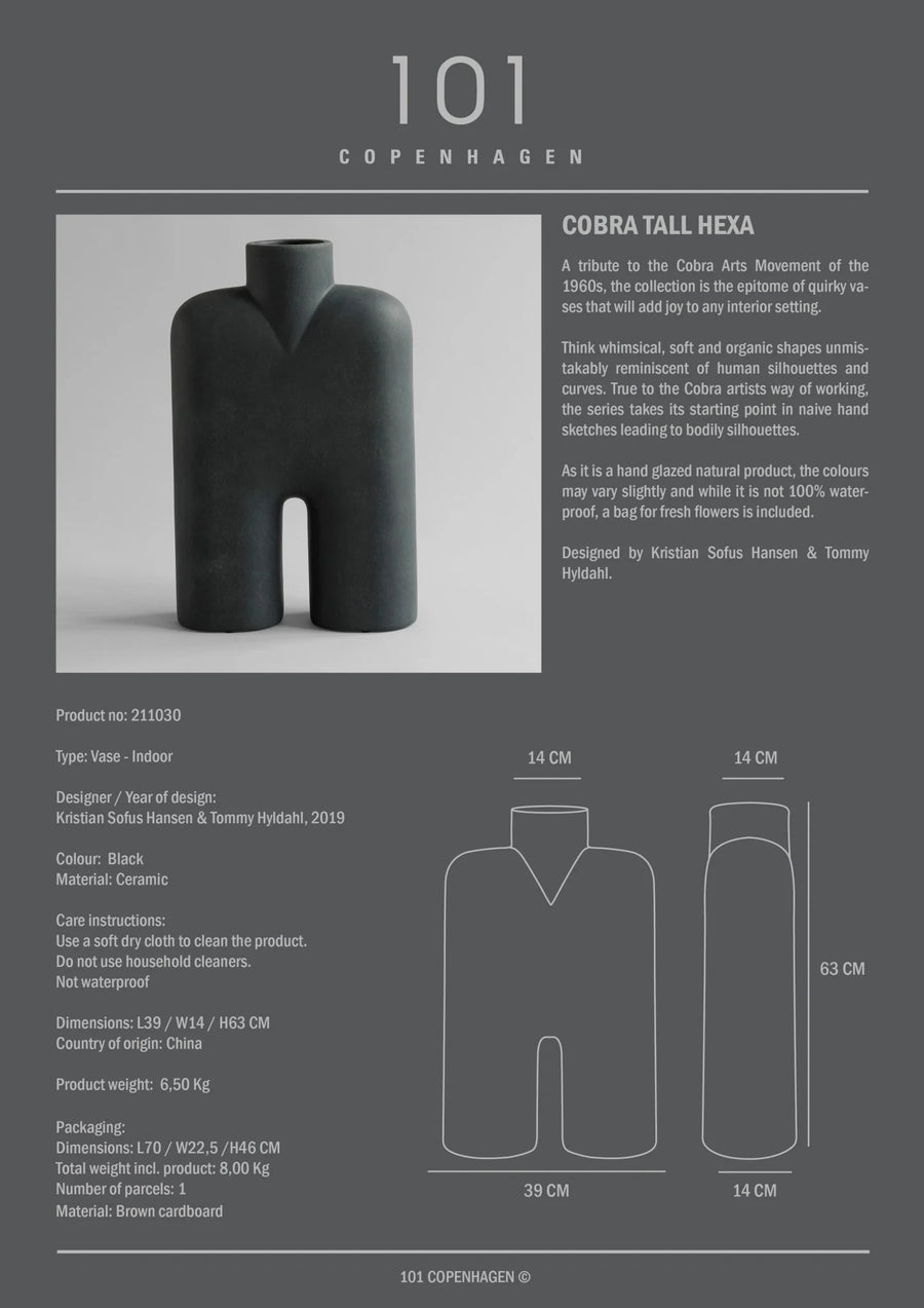 Ceramic vase with product details on a gray background
