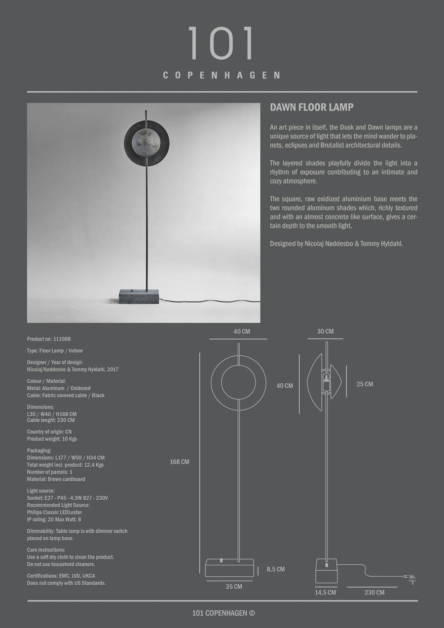 Technical drawings and product details on a gray background of the Dawn floor lamp from 101 Copenhagen available at Spacio retail stores in Mumbai & Kolkata.