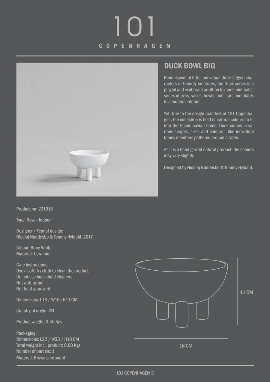 Product information card for a 'Duck Bowl Big' by 101 Copenhagen on a gray background.