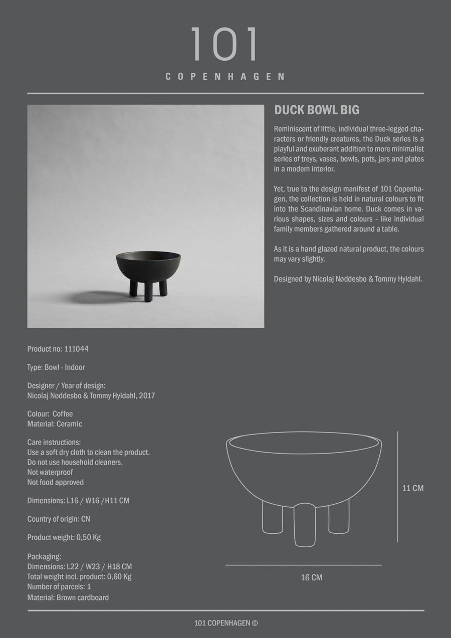 Product information card for a 'Duck Bowl Big' by 101 Copenhagen with text and minimal design.
