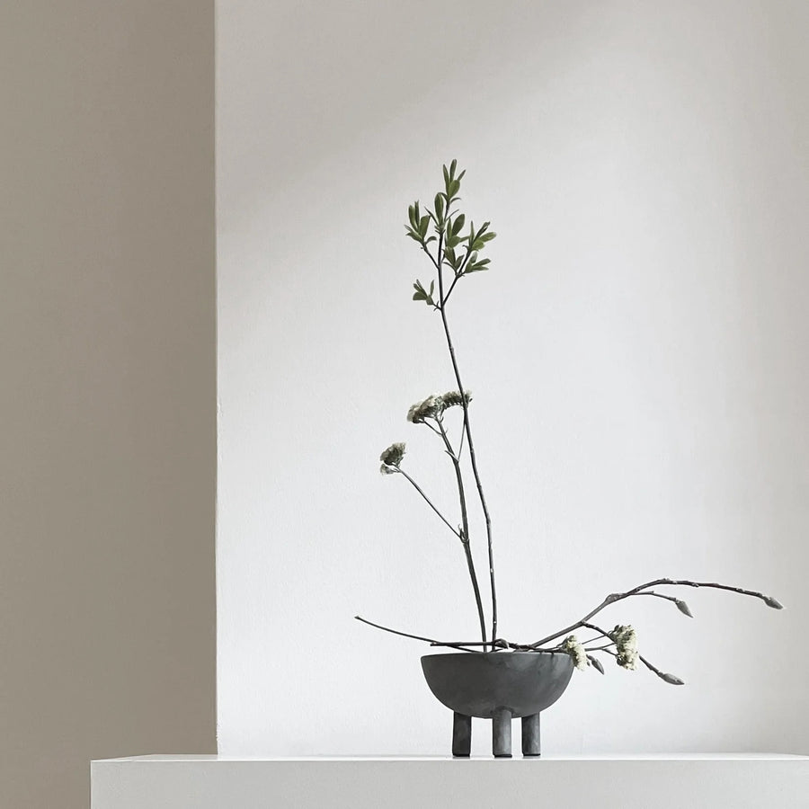 Minimalist arrangement of branches in a dark grey colour bowl against a neutral background from 101 Copenhagen at Spacio retail stores in Mumbai & Kolkata. 