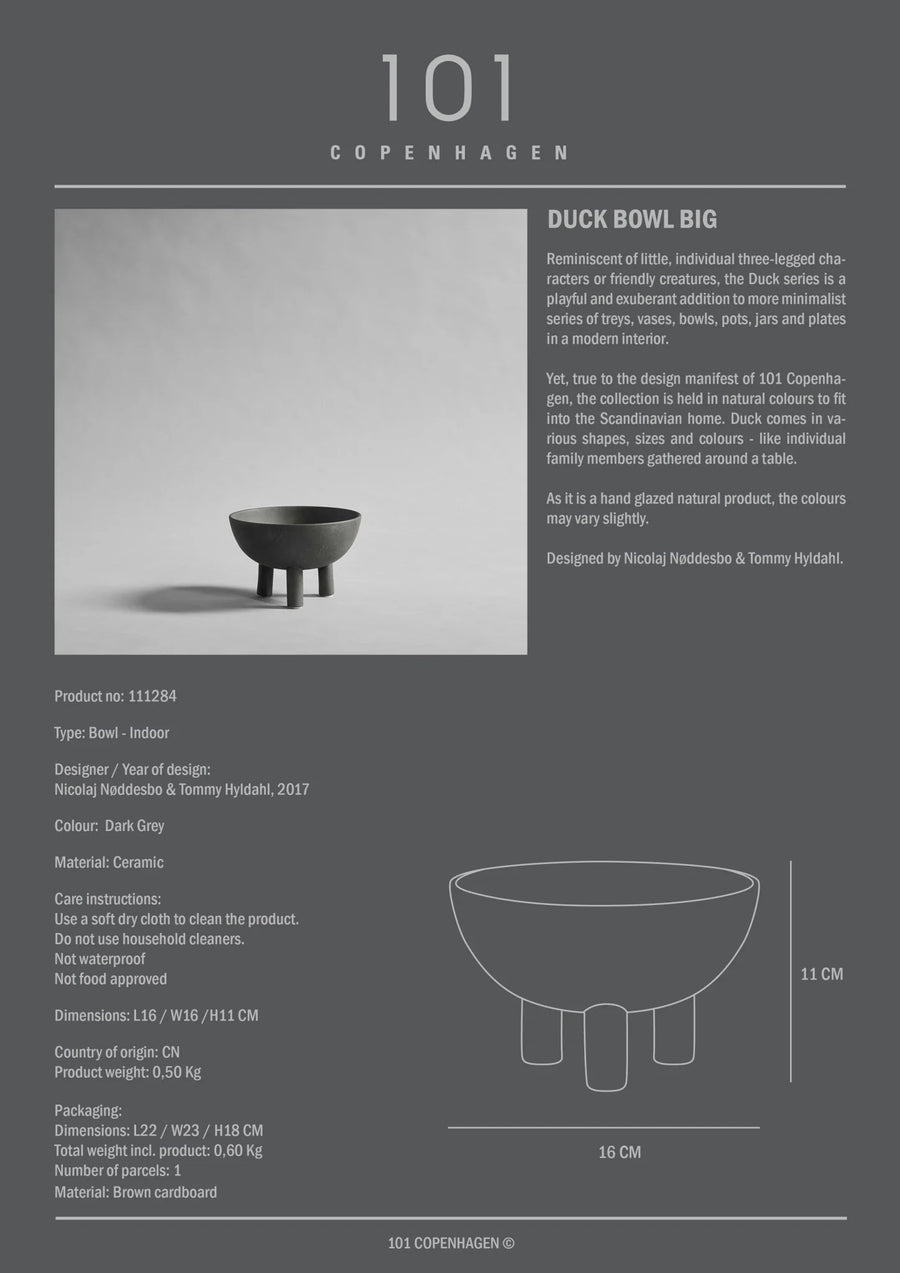 Product information card for a 'Duck Bowl Big' by 101 Copenhagen on a gray background.