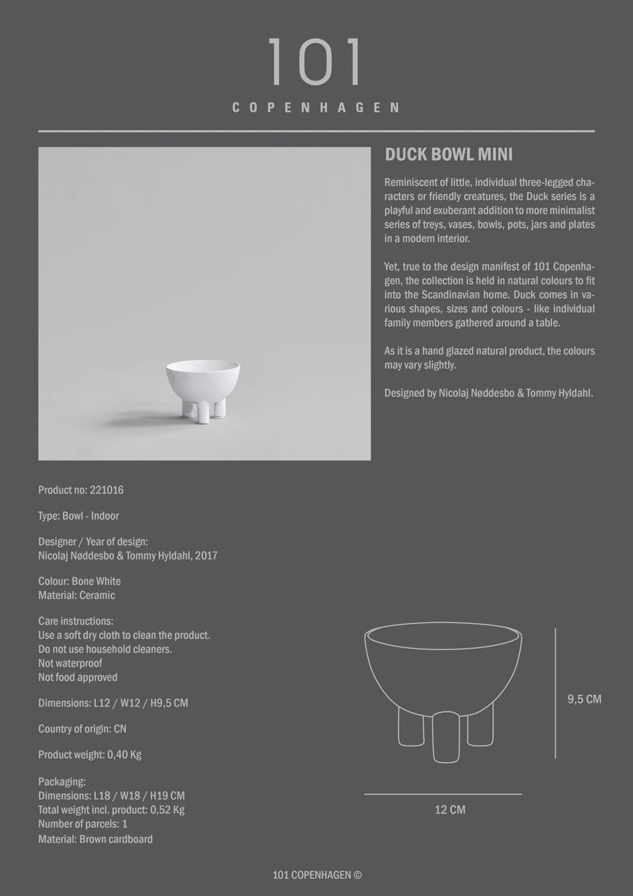 Product information card for a 101 Copenhagen Duck Bowl Mini on a gray background