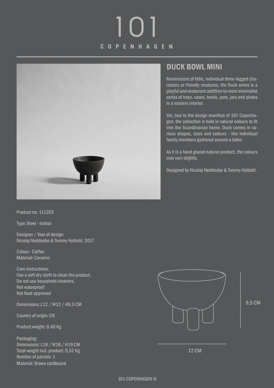 Product information card for a 'Duck Bowl Mini' by 101 Copenhagen on a gray background.