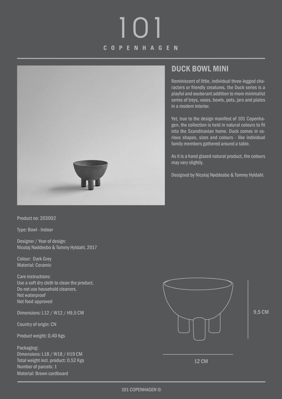 Product information card for a 'Duck Bowl Mini' by 101 Copenhagen on a gray background.