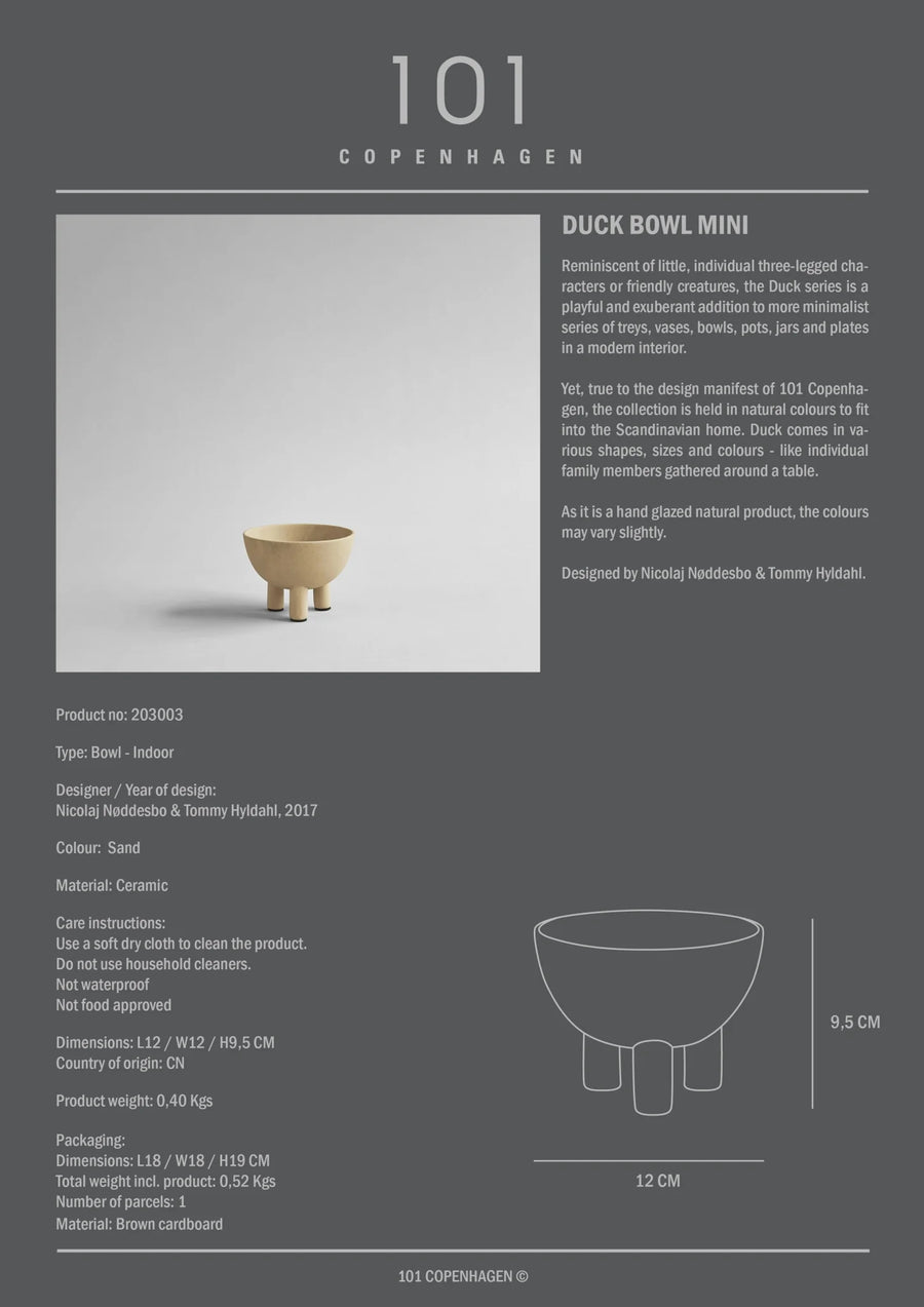 Product information card for a 'Duck Bowl Mini' from 101 Copenhagen, featuring a ceramic bowl and design details.