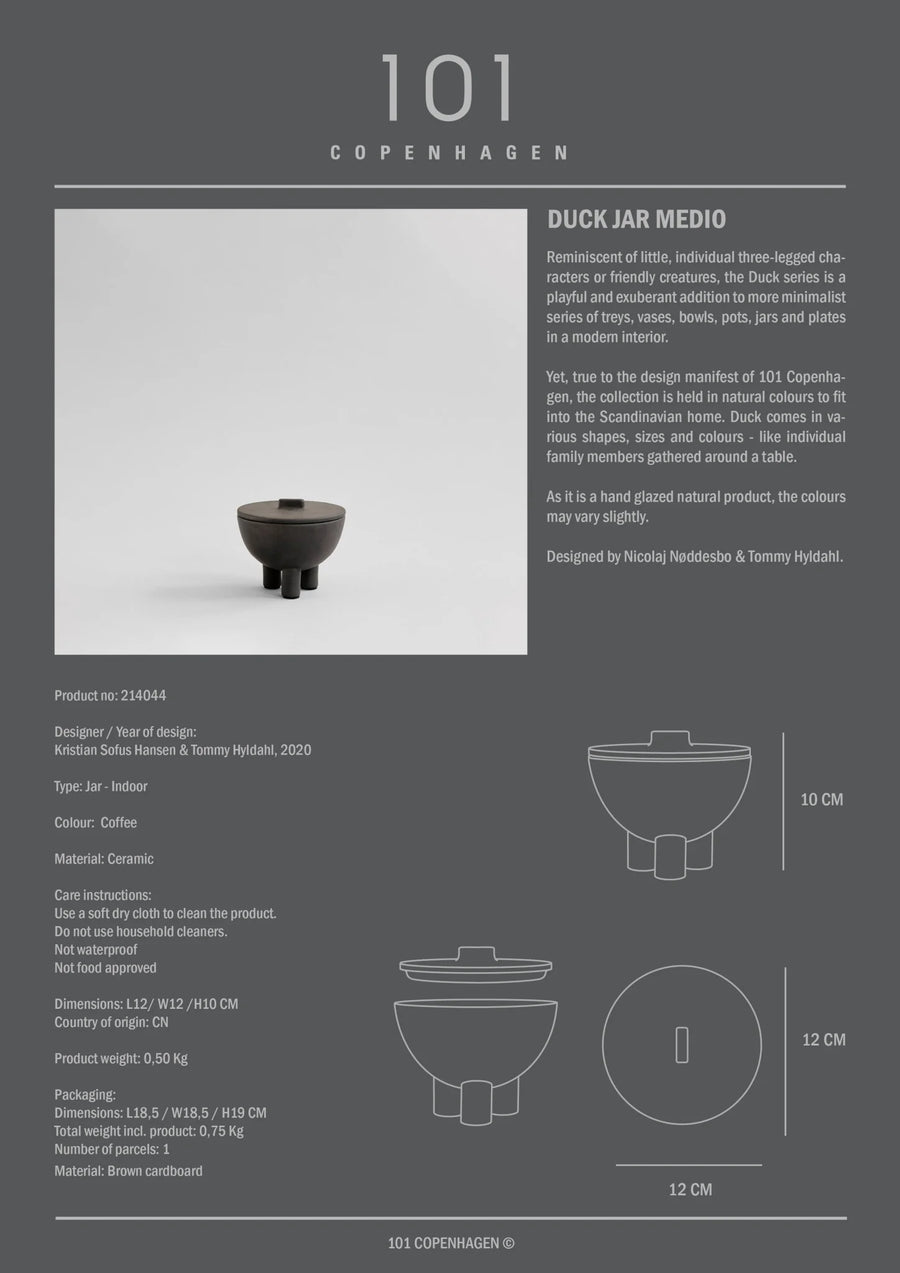Product information card for a black ceramic duck jar with design details on a gray background