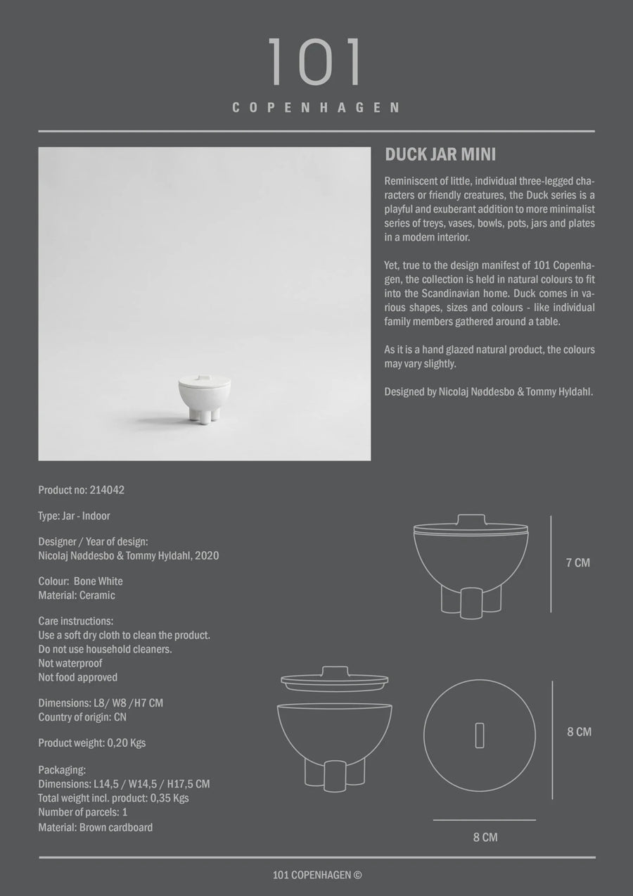 Product packaging for a duck jar mini by 101 Copenhagen with text and dimensions.