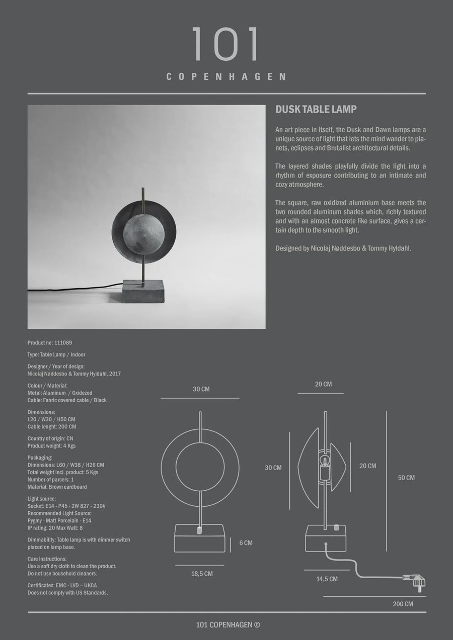 Product information card for a Dusk Table Lamp by 101 Copenhagen, featuring an image of the lamp and technical details available at Spacio retail stores in Mumbai & Kolkata.
