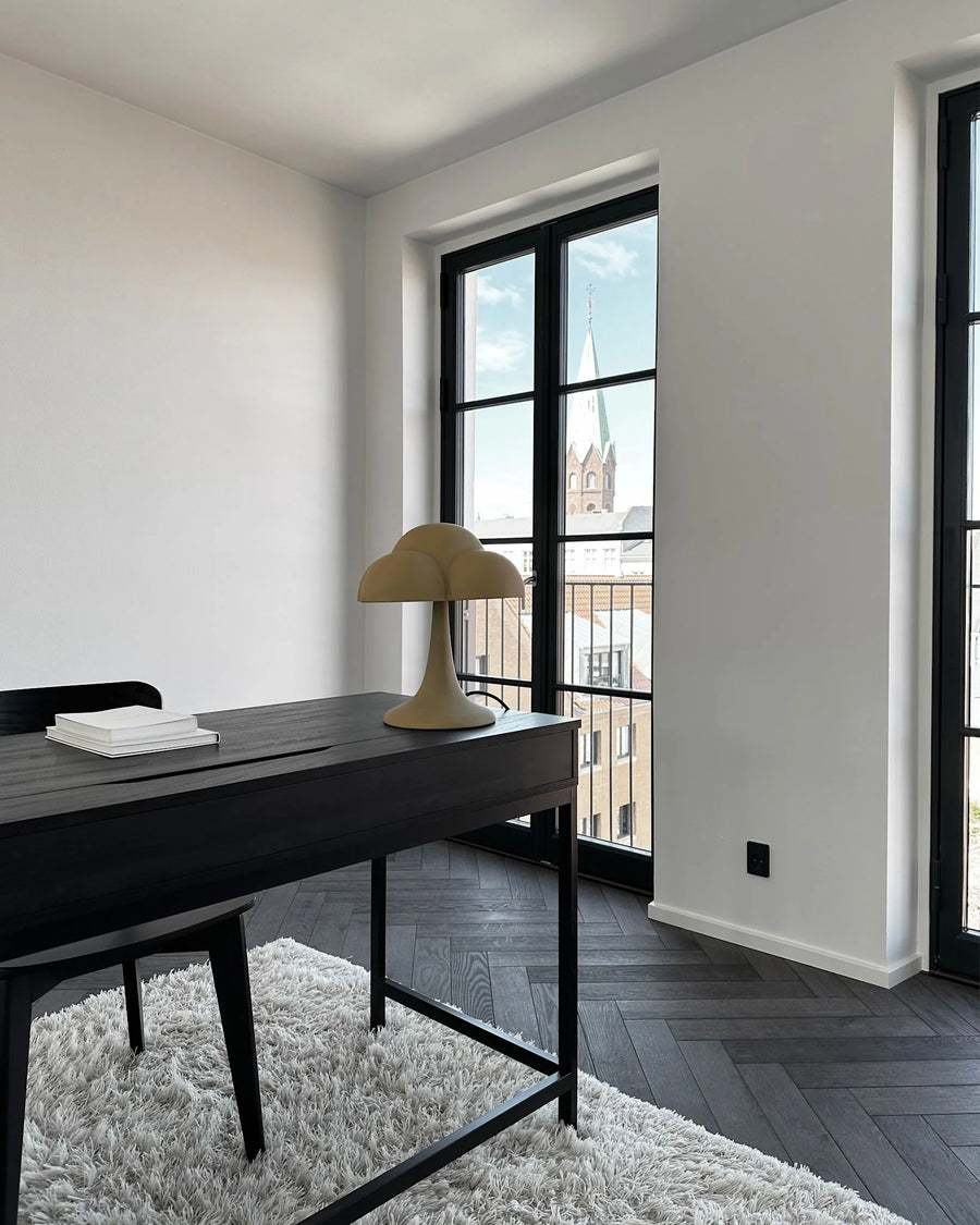 Modern office space with a desk, lamp, and large window.