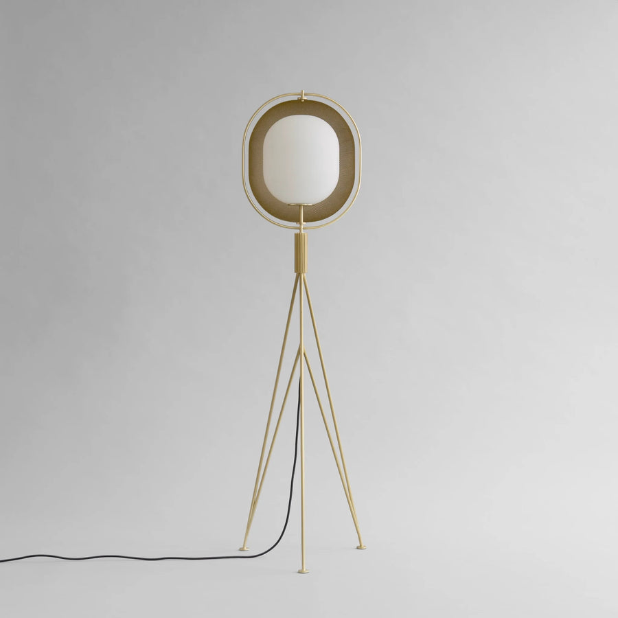 Modern floor lamp with a circular shade on a plain background