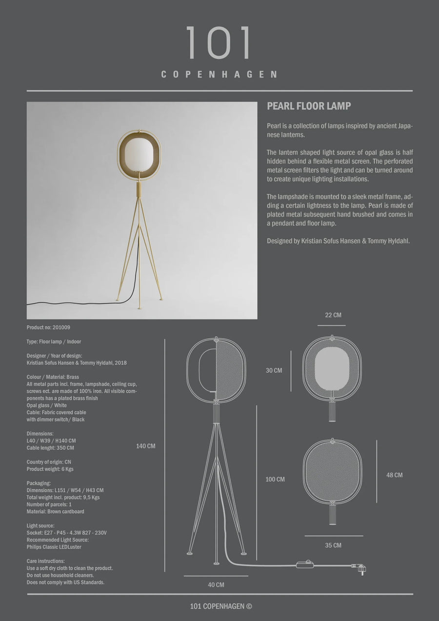 Pearl floor lamp design with technical drawings and specifications on a gray background from 101 Copenhagen available at Spacio retail stores in Mumbai & Kolkata. 