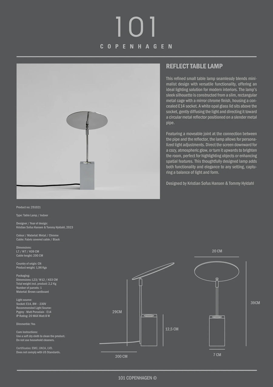 Product description card for a reflectable lamp with text and diagrams on a gray background