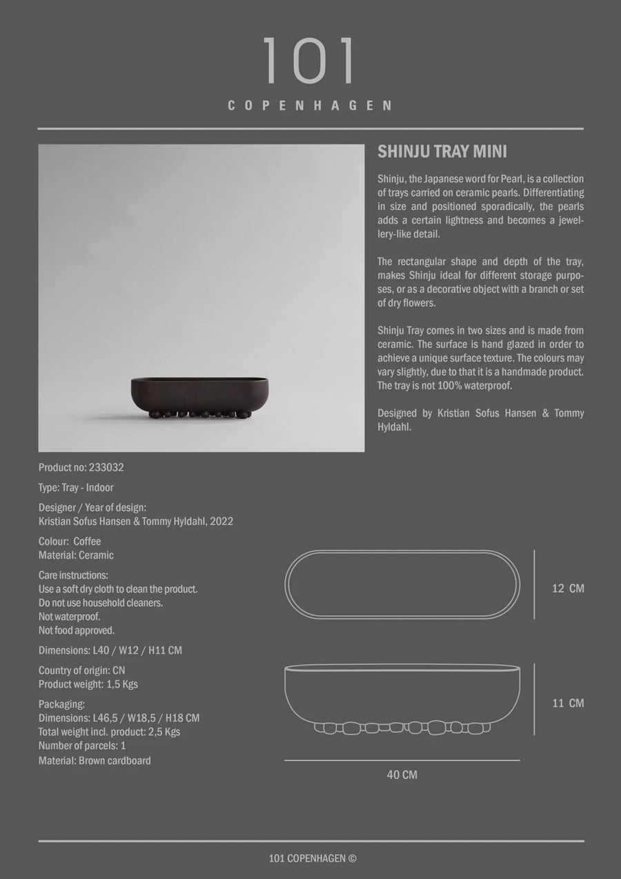 Product information sheet for a Shinju Tray Mini by 101 Copenhagen on a gray background.