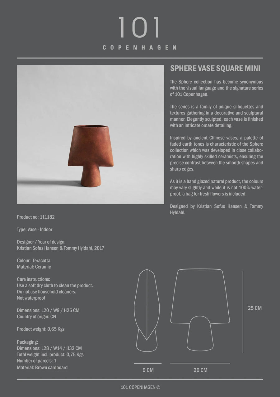 Product information card for a Sphere Vase Square Mini by 101 Copenhagen with a brown vase on a gray background.