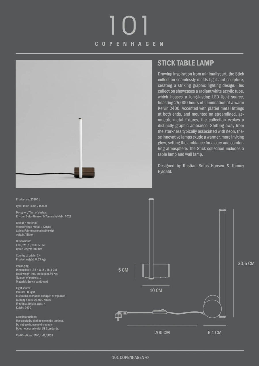 Product information sheet for a Stick Table Lamp by 101 Copenhagen on a gray background.