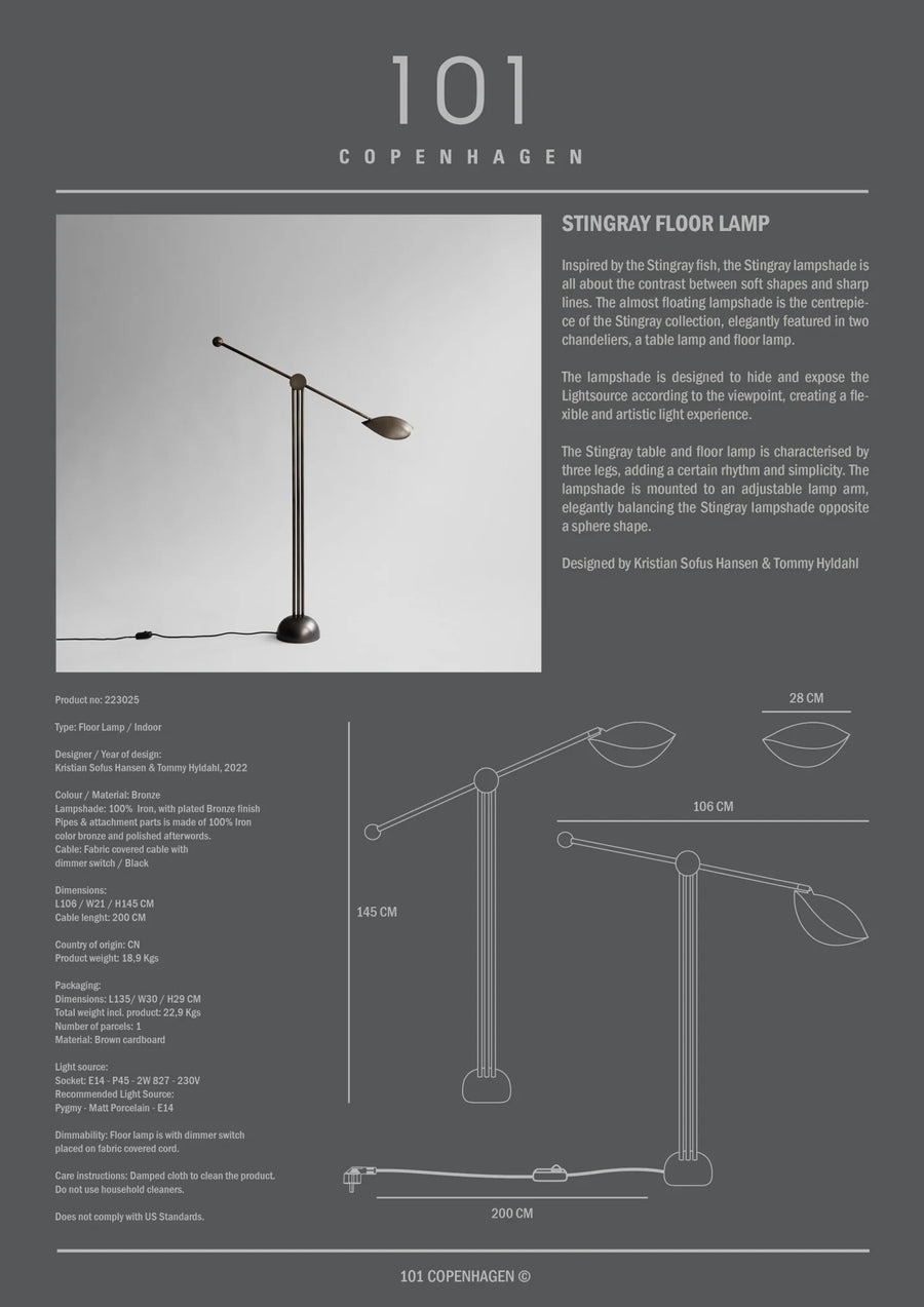 Stingray floor lamp design with specifications on a gray background