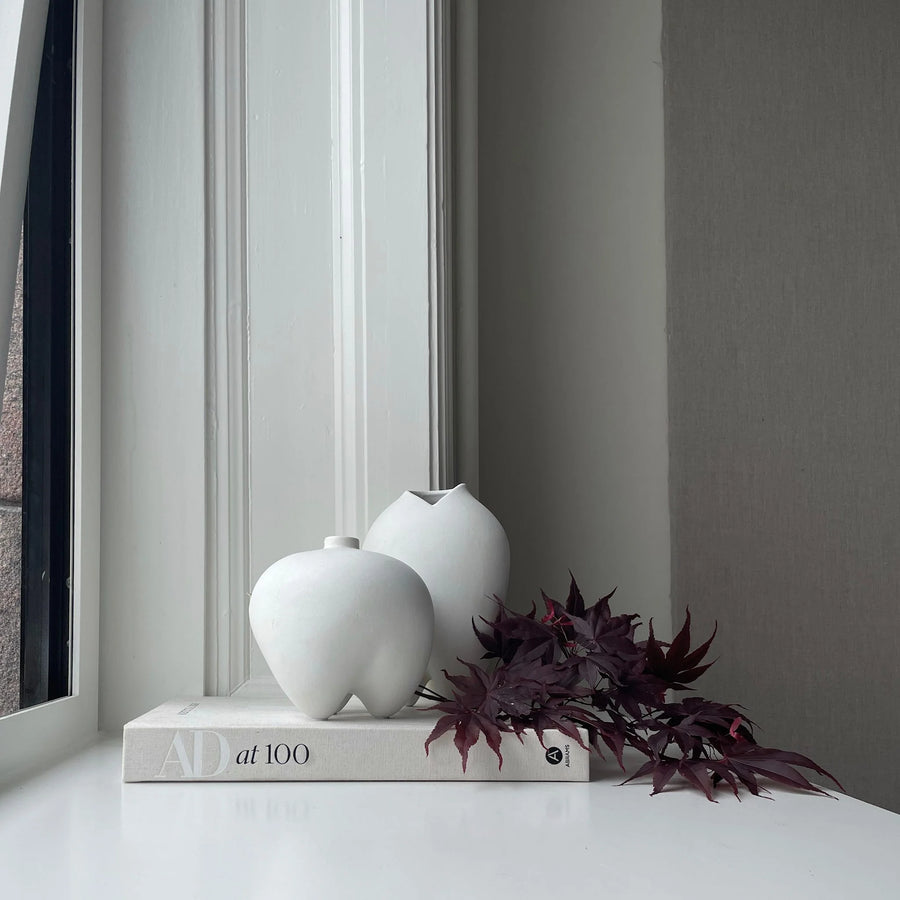 Two white vases on a book with a plant against a gray wall from 101 Copenhagen at Spacio retail stores in Mumbai & Kolkata. 