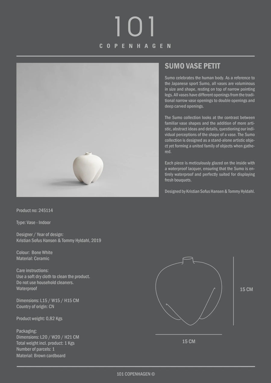 Product information card for Sumo Vase Petit by 101 Copenhagen on a gray background