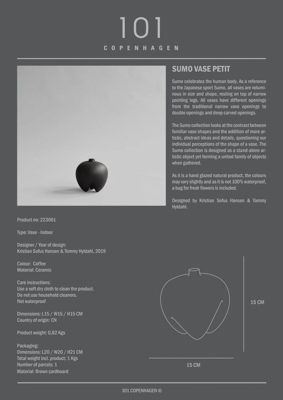 Product information card for a Sumo Vase Petit by 101 Copenhagen on a gray background.