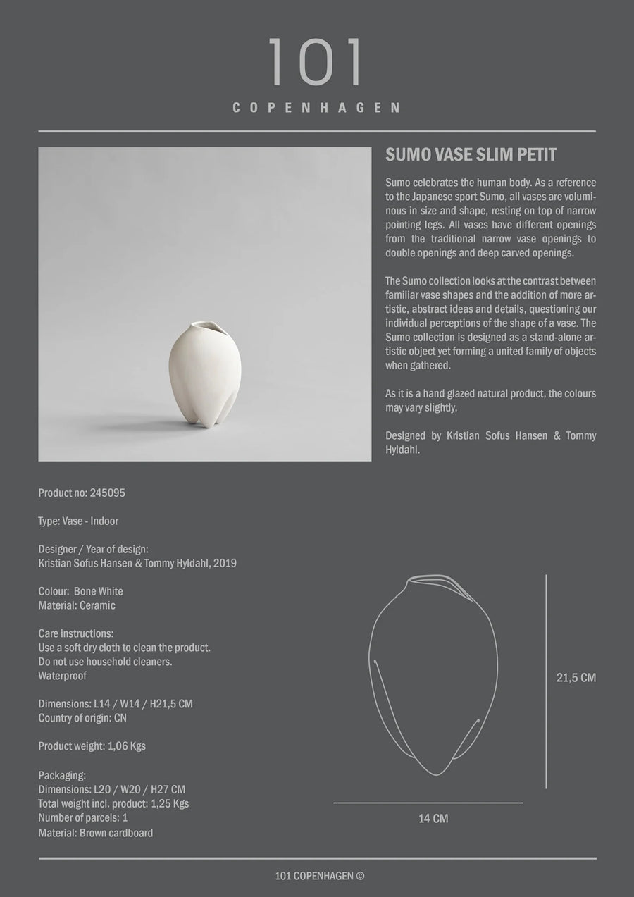 Product information card for a 'Sumo Vase Slim Petit' by 101 Copenhagen on a gray background.
