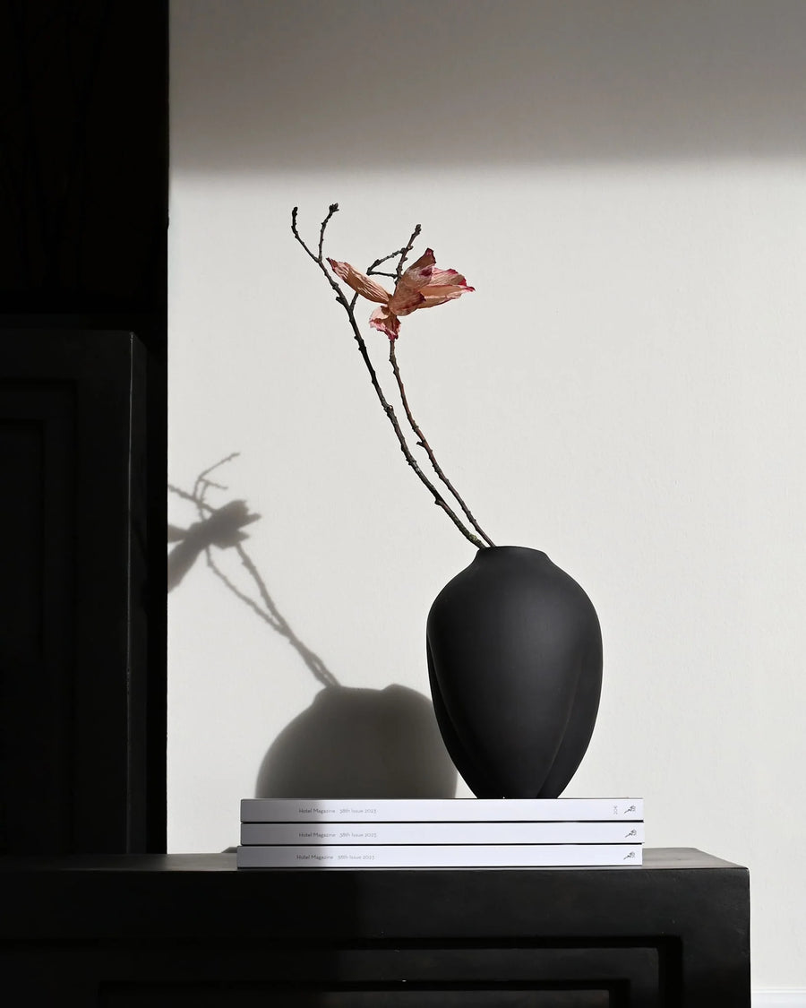 Black vase with a single branch on a white surface from 101 Copenhagen at Spacio retail stores in Mumbai & Kolkata. 