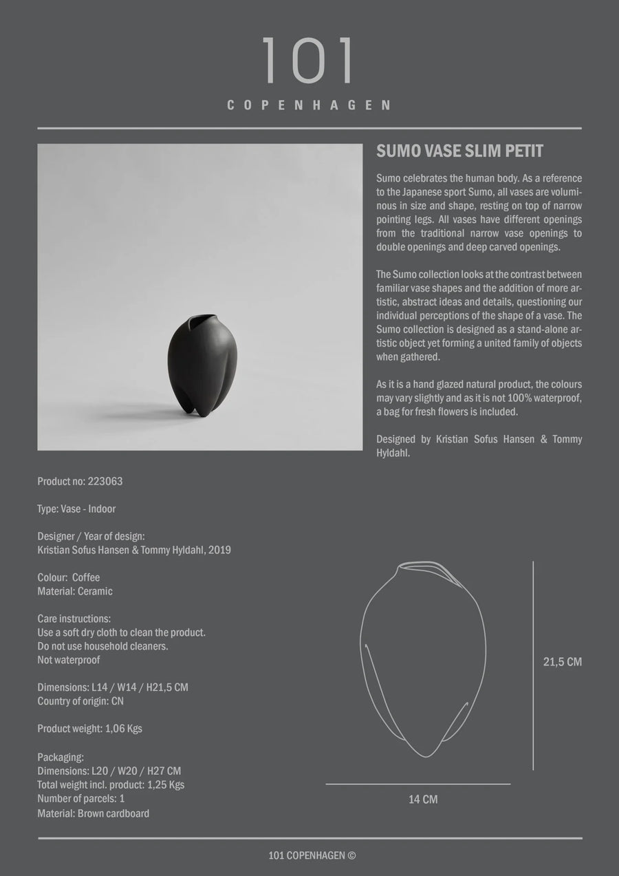 Product information card for a vase with text and dimensions on a gray background