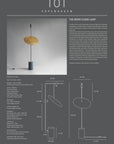 Product information sheet for 'The Moon Floor Lamp' by 101 Copenhagen, featuring a lamp image and technical drawings.