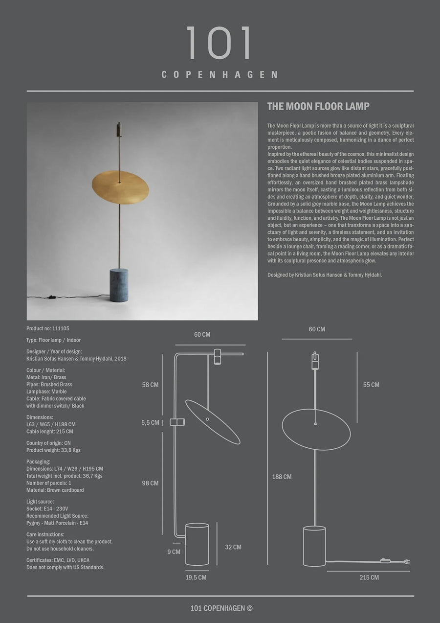 Product information sheet for 'The Moon Floor Lamp' by 101 Copenhagen, featuring a lamp image and technical drawings.