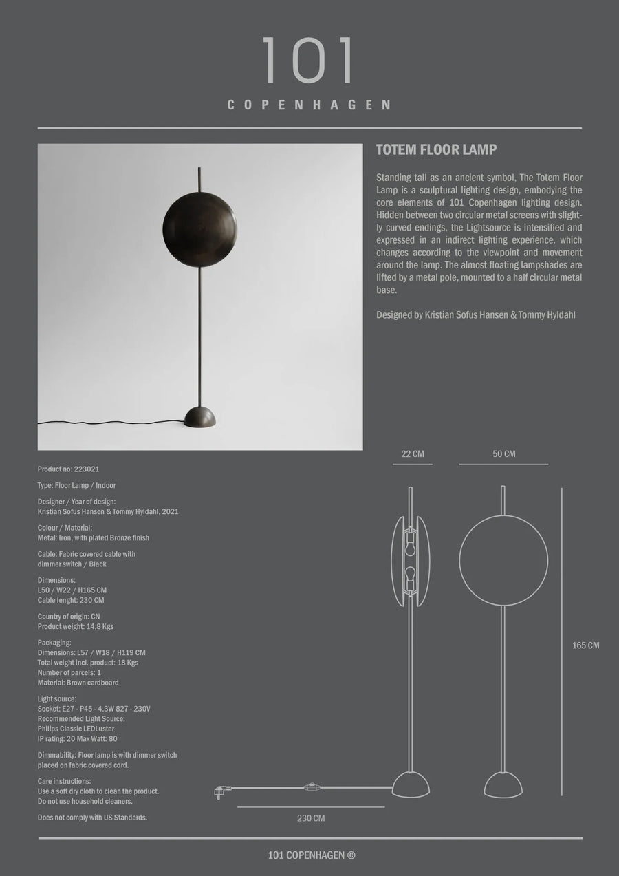 Product information sheet for a 'Totem Floor Lamp' by 101 Copenhagen on a gray background.
