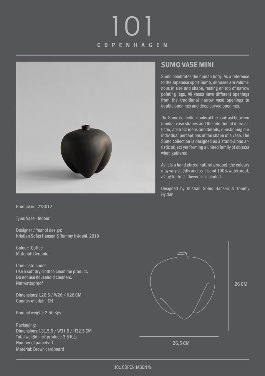 Product information card for Sumo Vase Mini by COPENHAGEN 101 on a gray background