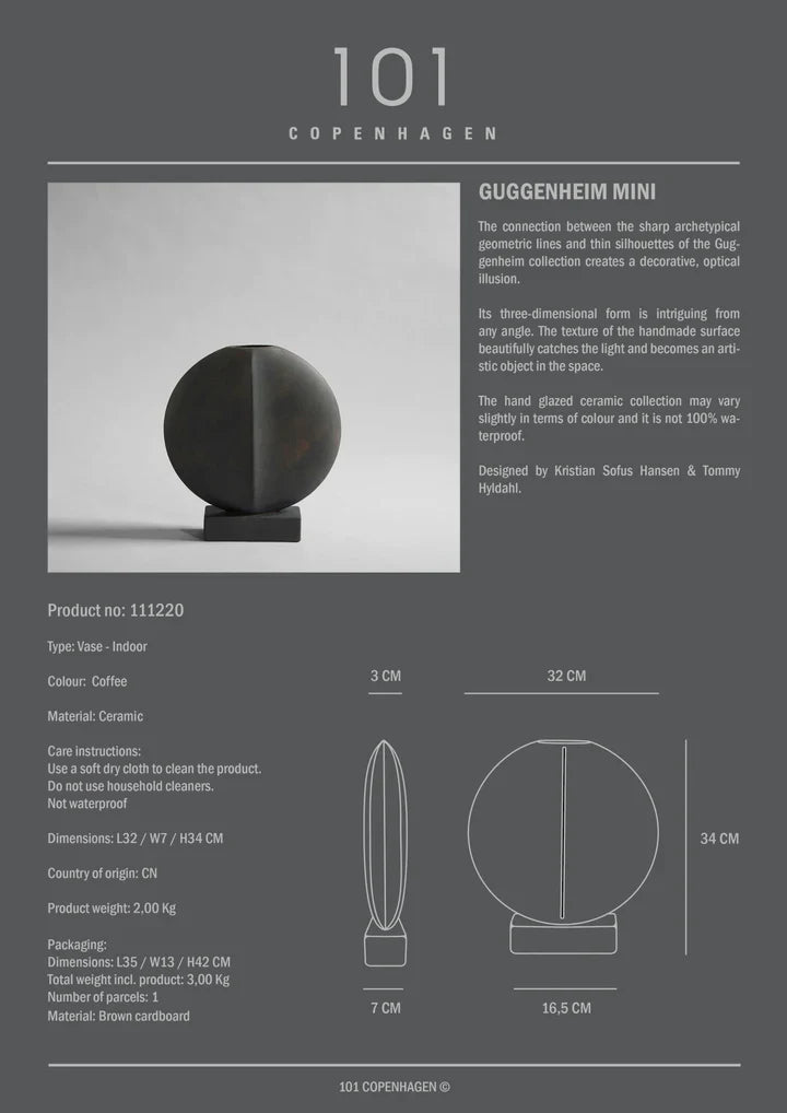 A black and white image of a quirky 101Cph Guggenheim Mini Coffee 111220 vase from the Cobra Arts Movement, by the brand 101 Copenhagen.