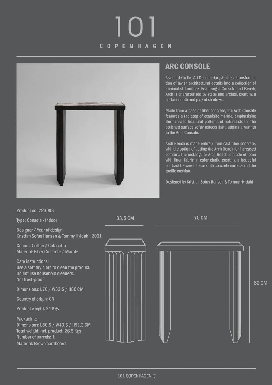 Product information card for art console table from 101 Copenhagen with dimensions and design details.