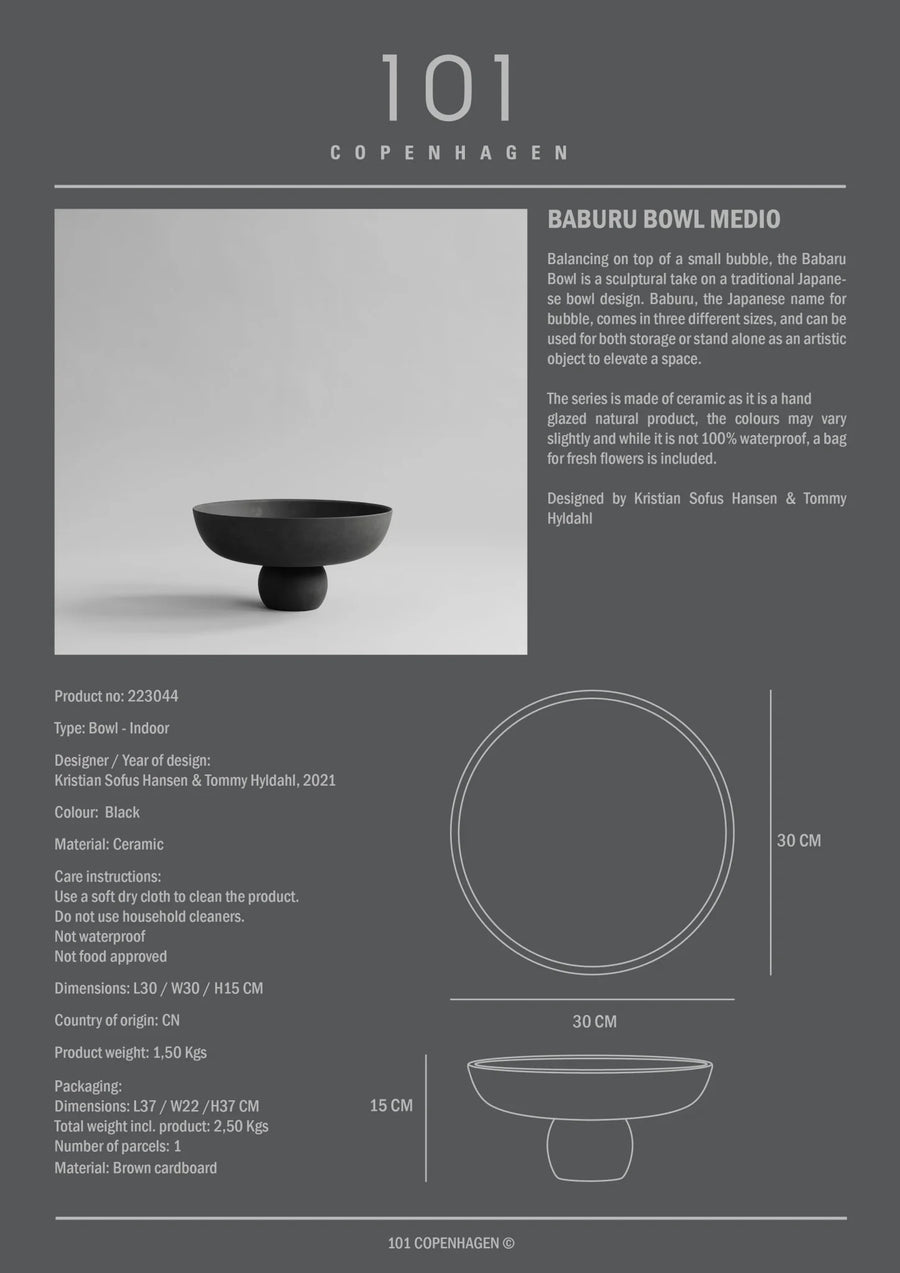Product information card for a Baburu bowl with design details and measurements.