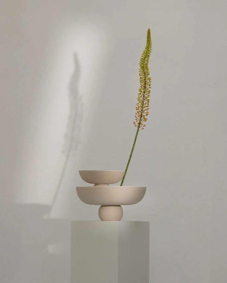 Minimalist ceramic vase with a single green stem on a neutral background from 101 Copenhagen at Spacio retail stores in Mumbai & Kolkata. 