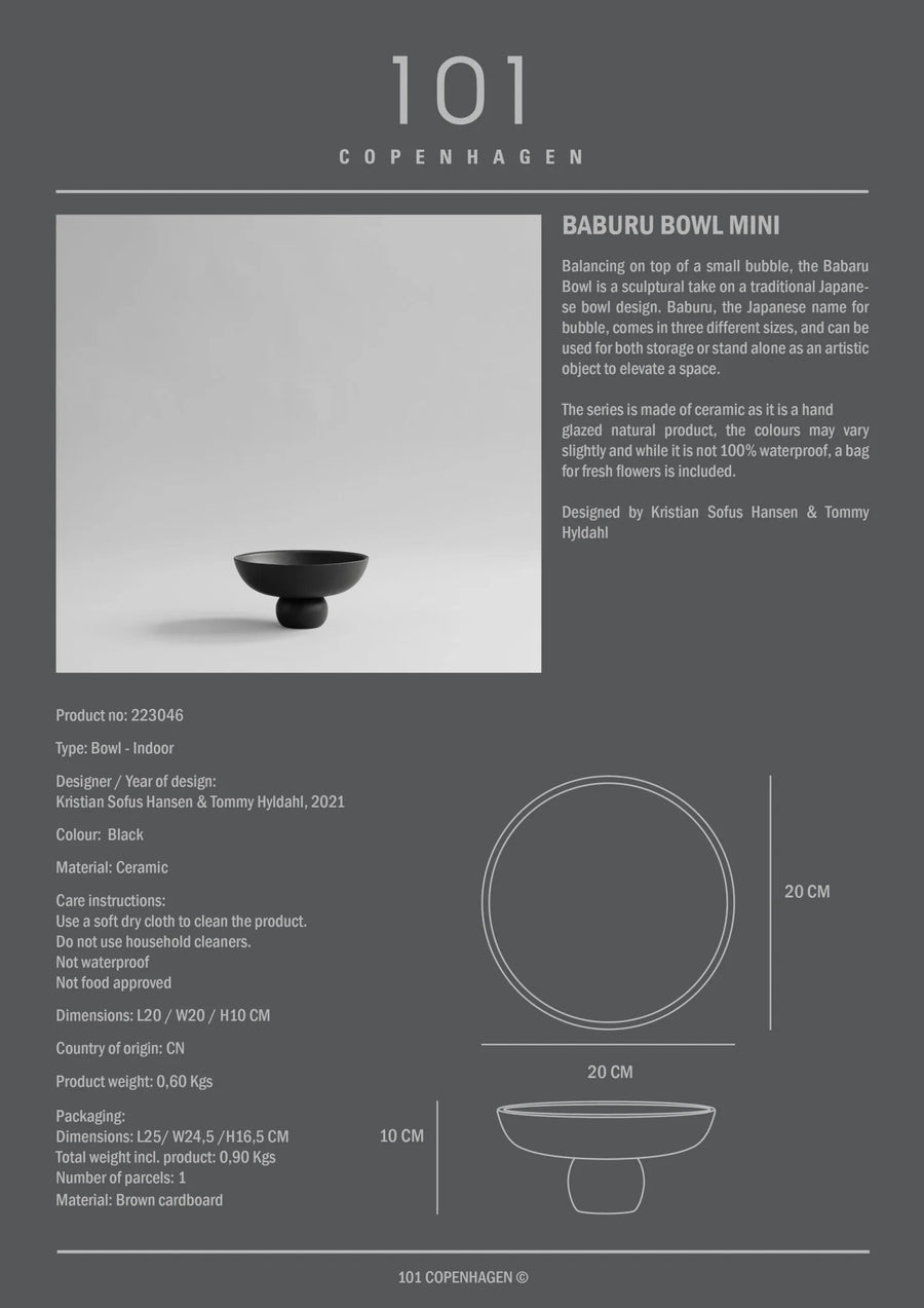 Product information card for a Baburu Bowl Mini by 101 Copenhagen with dimensions and material details.