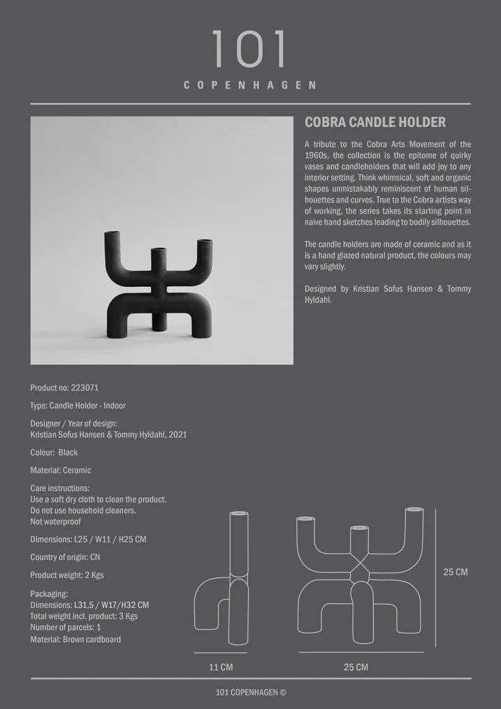 A detail description with sizes of the black candle holder from 101 Copenhagen. Available at Spacio India