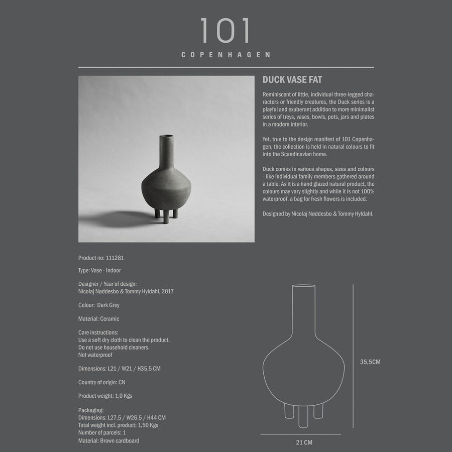 A black and white image of a 101Cph Duck Fat Dark Grey 111281 vase with a dark grey color.