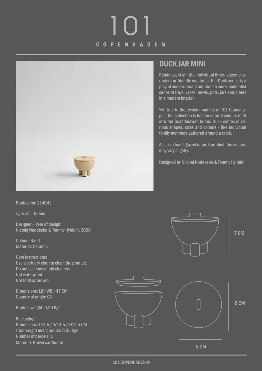 Product information card for a 'Duck Jar Mini' by 101 Copenhagen with text and dimensions.