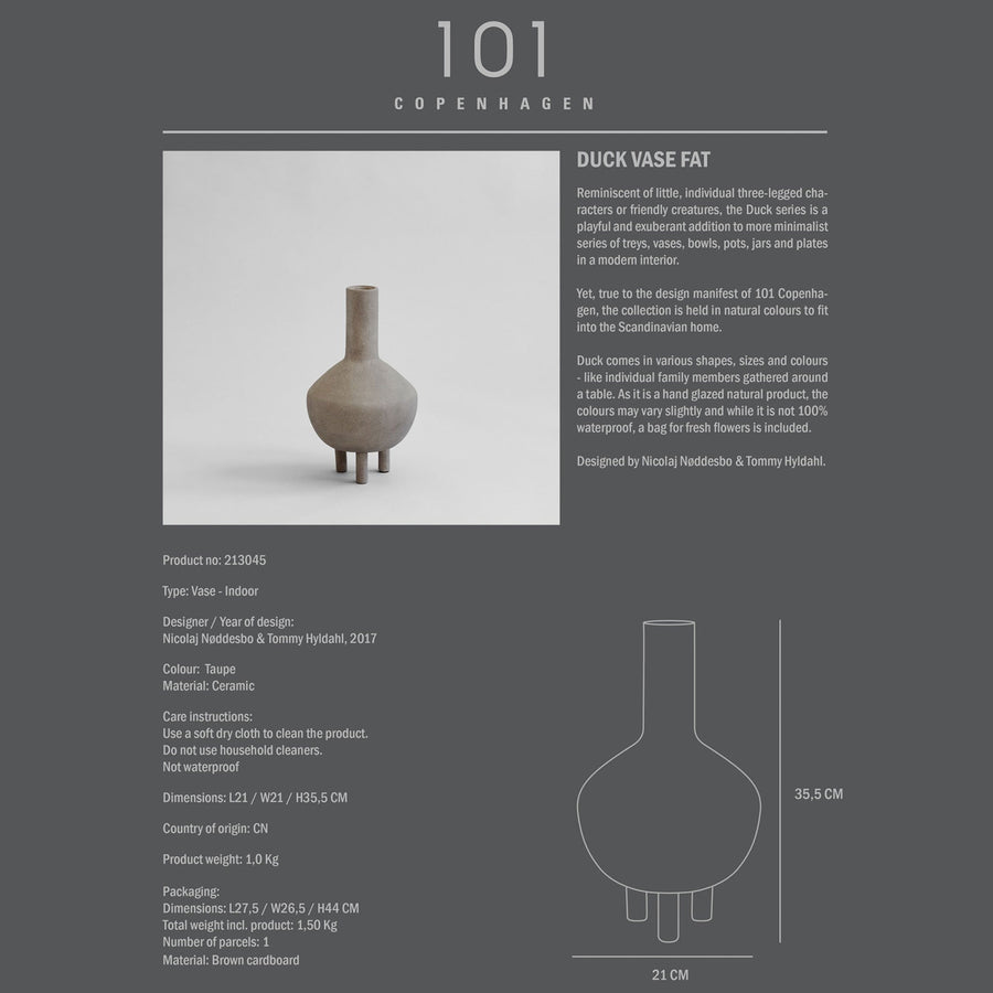 A quirky 101Cph Duck Vase Fat Taupe 213045 with the number 101 on it, inspired by the Copenhagen Duck Vase and the Cobra Arts Movement.