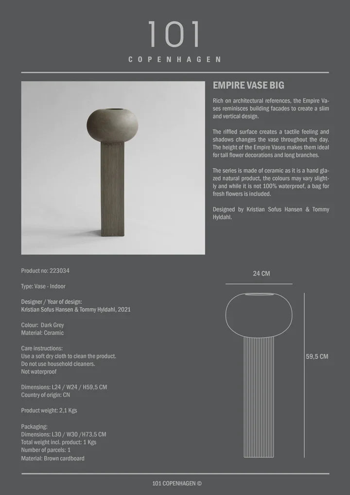 An image of the 101Cph Empire Big Dark Grey 223034 ceramic vase with a number on it, featuring architectural references. (Brand: 101 Copenhagen)