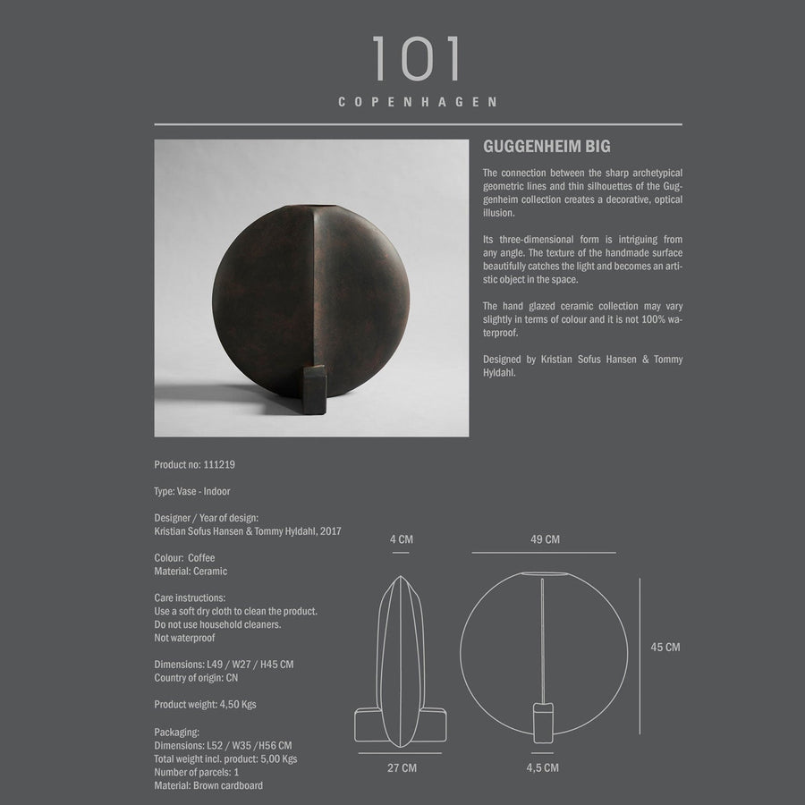 A diagram showing the dimensions of a metal object in the Cobra Arts Movement style with a coffee color, the 101Cph Guggenheim Big Coffee 111219 by 101 Copenhagen.