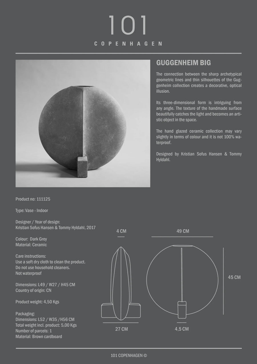 Product description card for a spherical object with dimensions and design details on a gray background