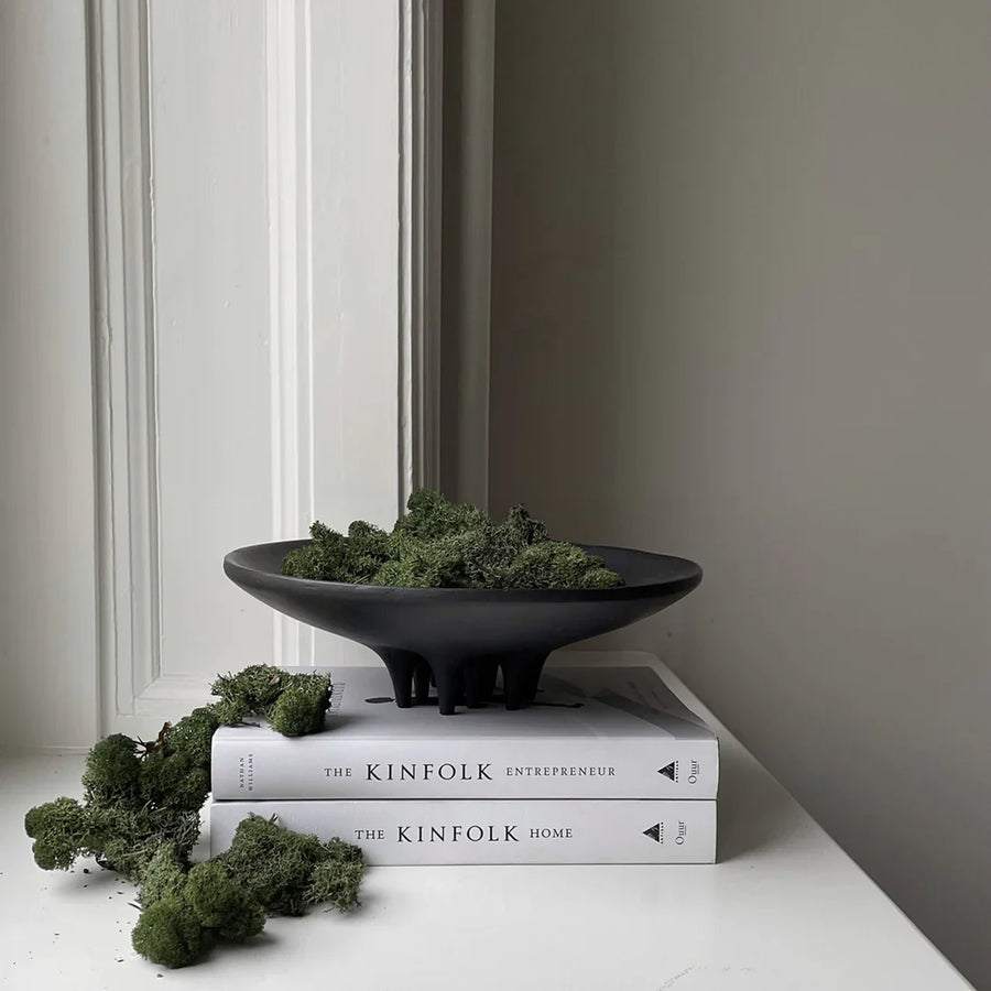 A 101Cph Medusa Tray Mini Coffee 221064 ceramic bowl sits on top of books and moss.