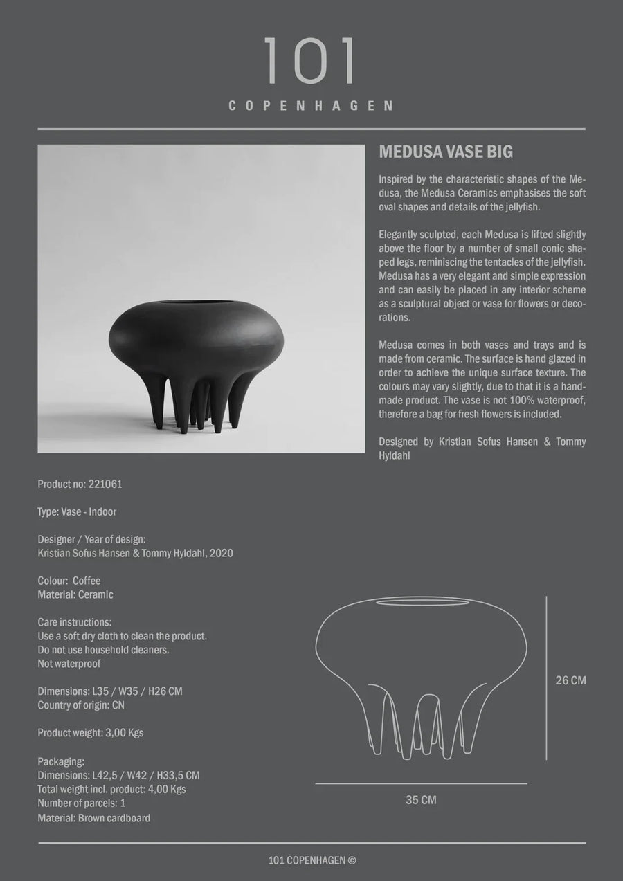 A ceramic 101Cph Medusa Vase Big Coffee 221061 designed with an intricate Medusa motif is elegantly showcased in this poster.