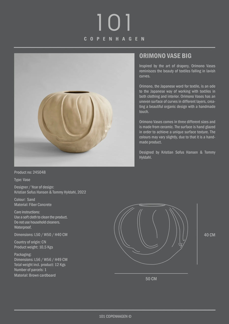 Orimon Ceramic vase with product details on a gray background