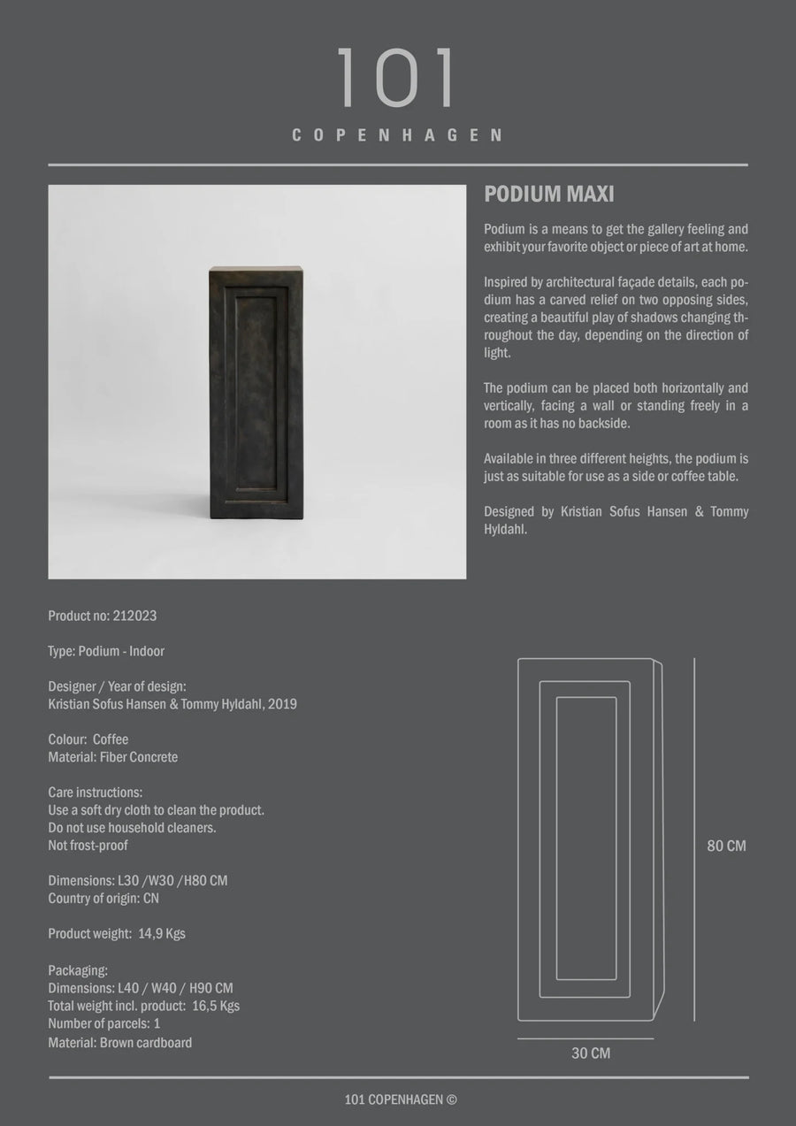 Product information card for a 'Podium Maxi' by 101 Copenhagen with text and dimensions.