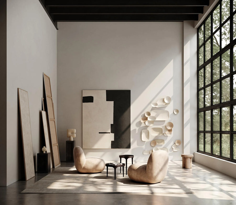 Modern interior with abstract wall art and minimal furniture from 101 Copenhagen
