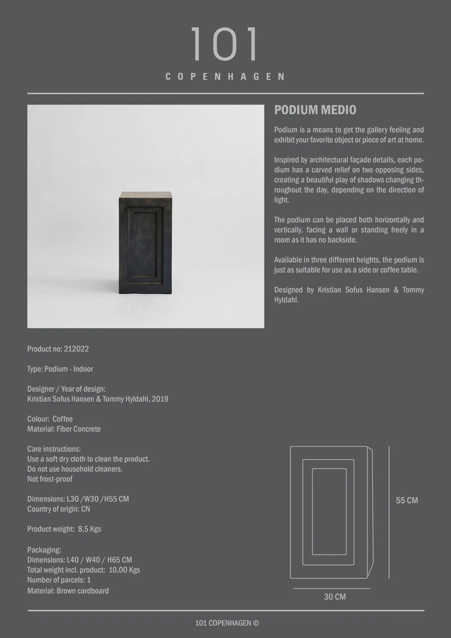 Product information card for 'Podium Medio' by 101 Copenhagen with text and dimensions.