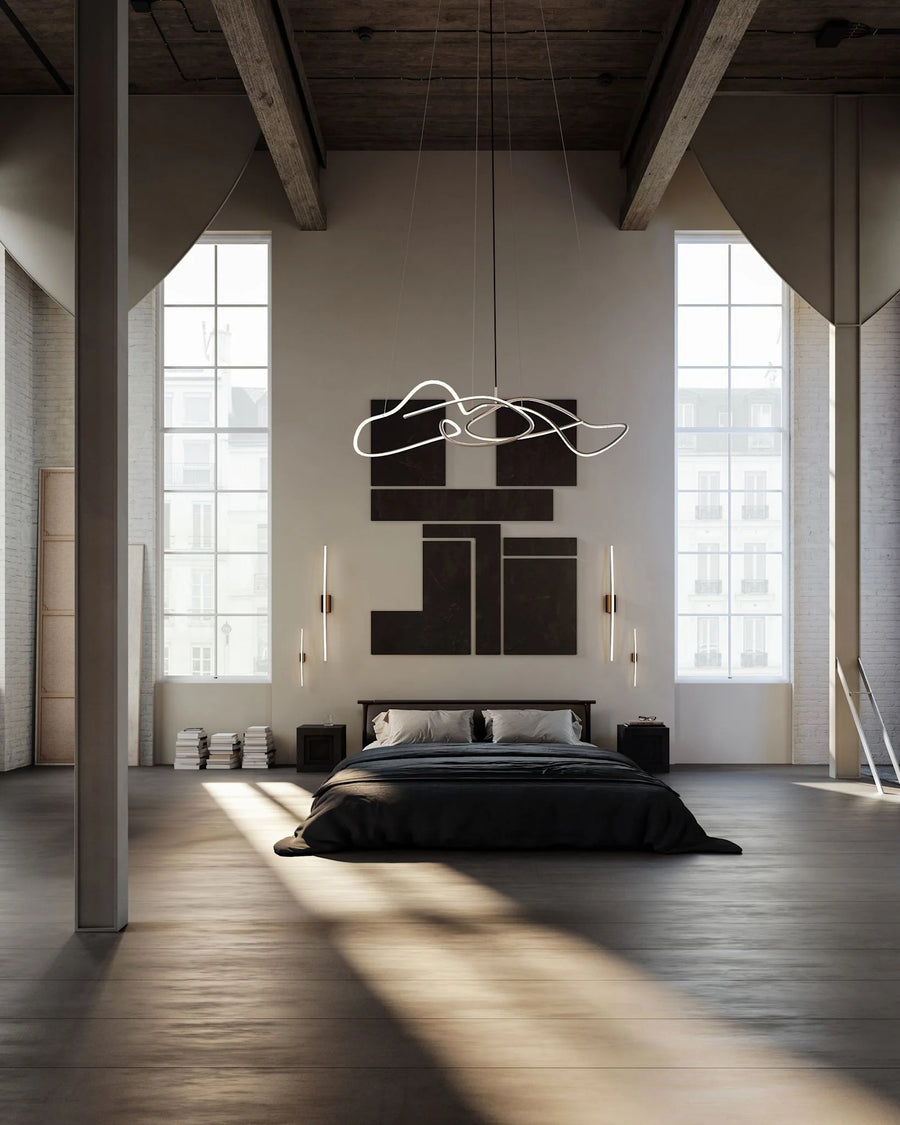 Modern bedroom with large windows, wooden floor, and abstract wall art.